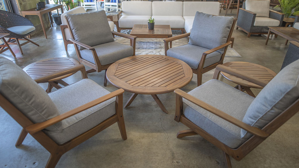 Four person quality deep seat set with conversation table. Wood Furniture Store Champaign IL