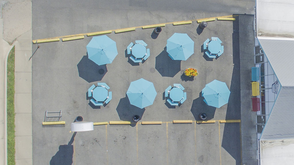 Patio makeover birds eye view. Custard Cup Champaign IL commercial furniture customer.