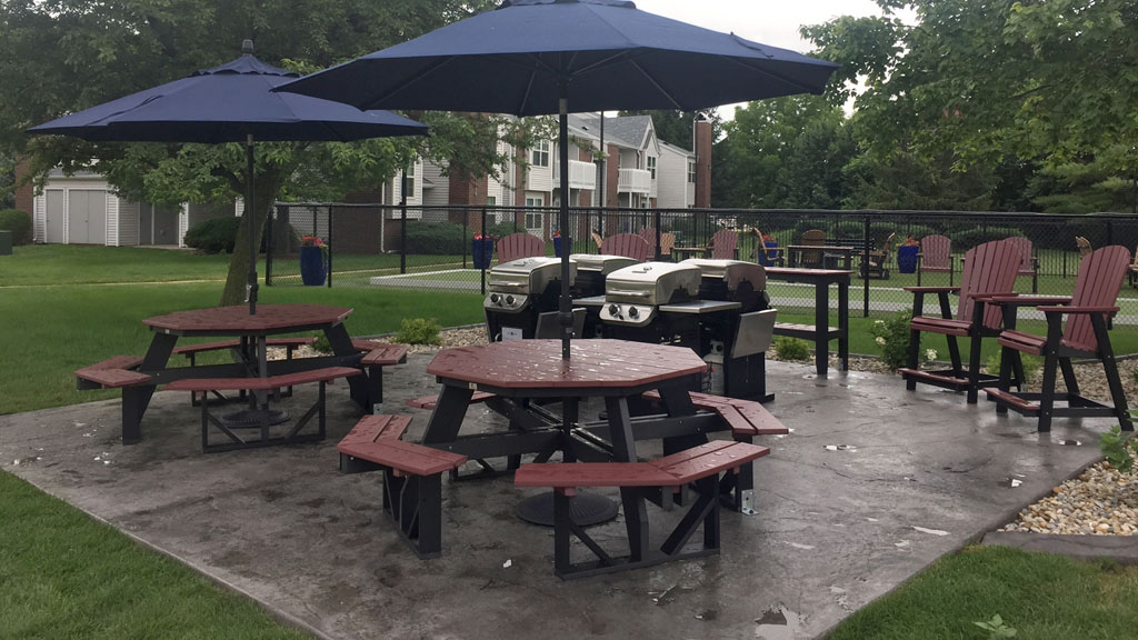 Picnic tables. Meadow Apartments Bloomington IN commercial furniture customer.