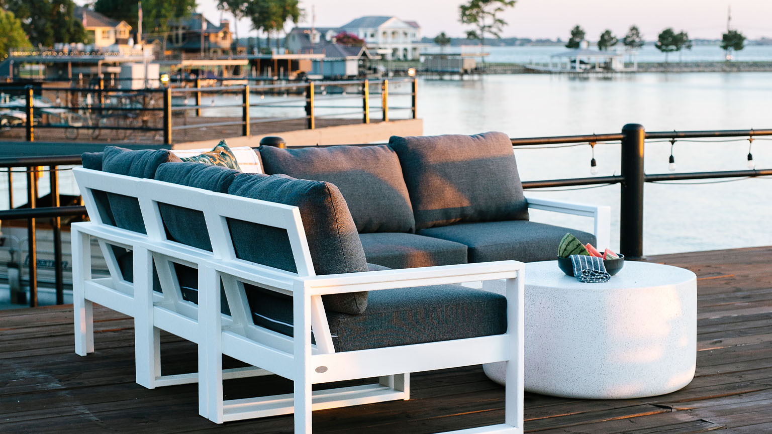 Polywood Commercial Deep Seating Sectional on the Dock at Sunset