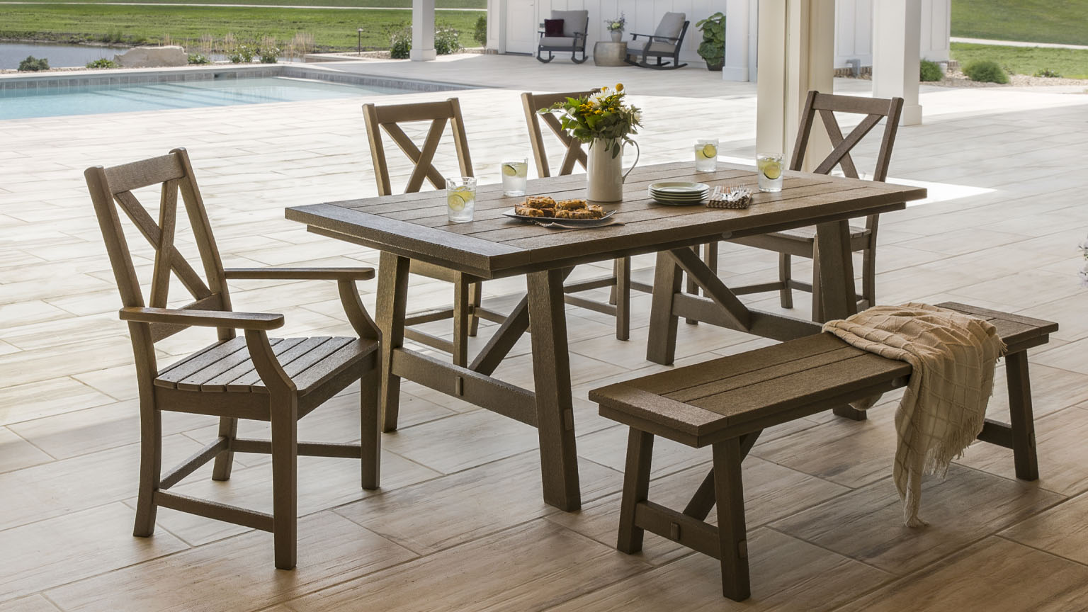 Polywood Rectangle Dining Set with Bench Poolside